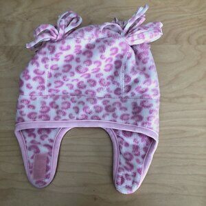 Toby Fleece Beanie Infant One Size Pink & White Animal Print Pom Poms